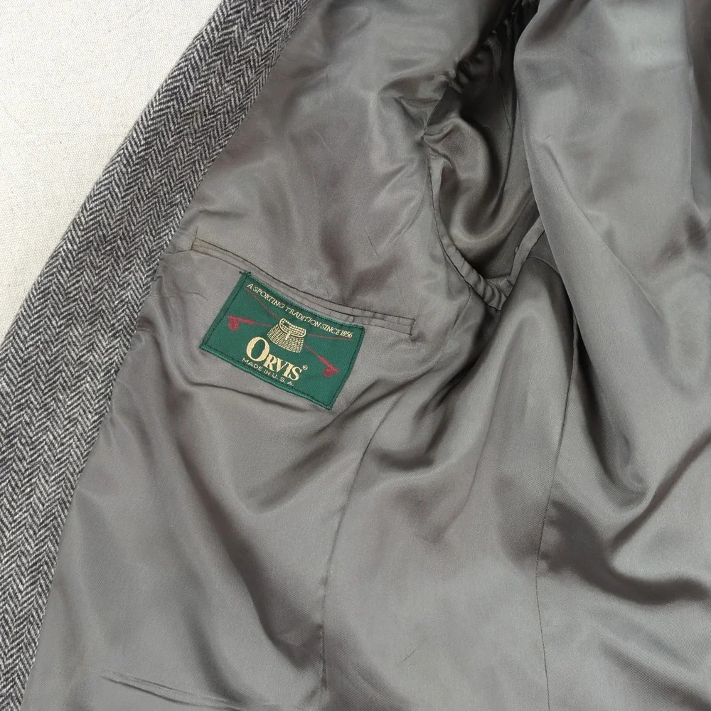 Orvis Blazer Mens 42R Gray Wool Herringbone Sport Coat Jacket USA Made